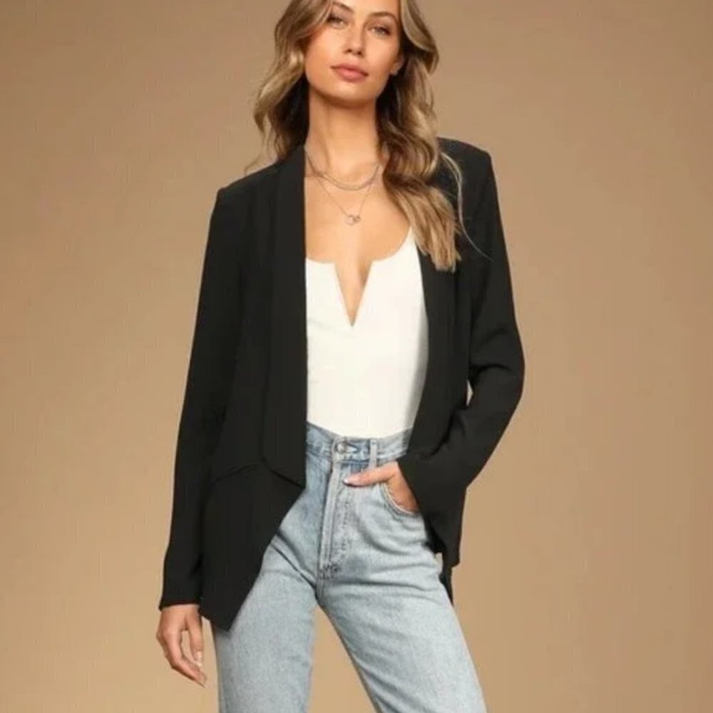 Lulu's Miss Punctuality Black Lightweight Crepe Open Front Blazer Extra Small XS